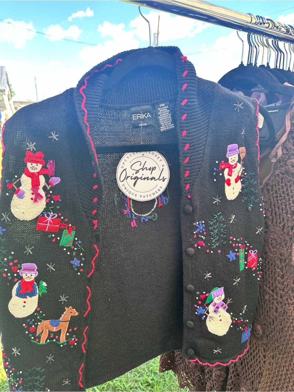 Erika Black Embroidered Snowman Holiday Cardigan